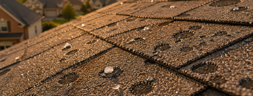 Close-up of hail-damaged asphalt shingles on a Dallas-Fort Worth residential roof showing granule loss