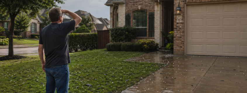 DFW homeowner inspecting residential roof after a hail storm