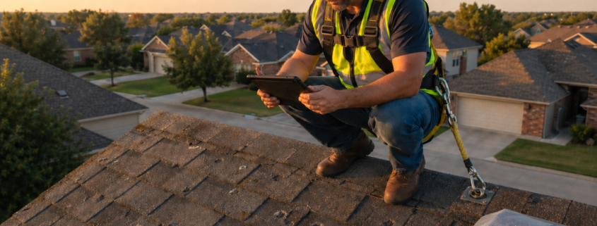 A Grade Roofing inspector documenting hail damage on a DFW residential roof