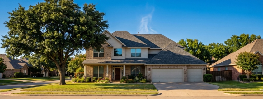Suburban North Dallas home with an asphalt-shingle roof under intense summer sun