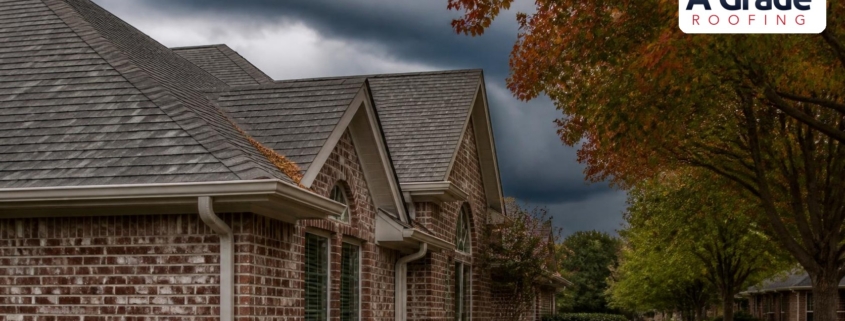 North Texas brick home with fall leaves at the gutter and a cold front rolling in behind the roof