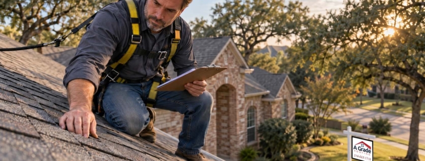 Roofer inspecting shingles on a DFW home listed for sale